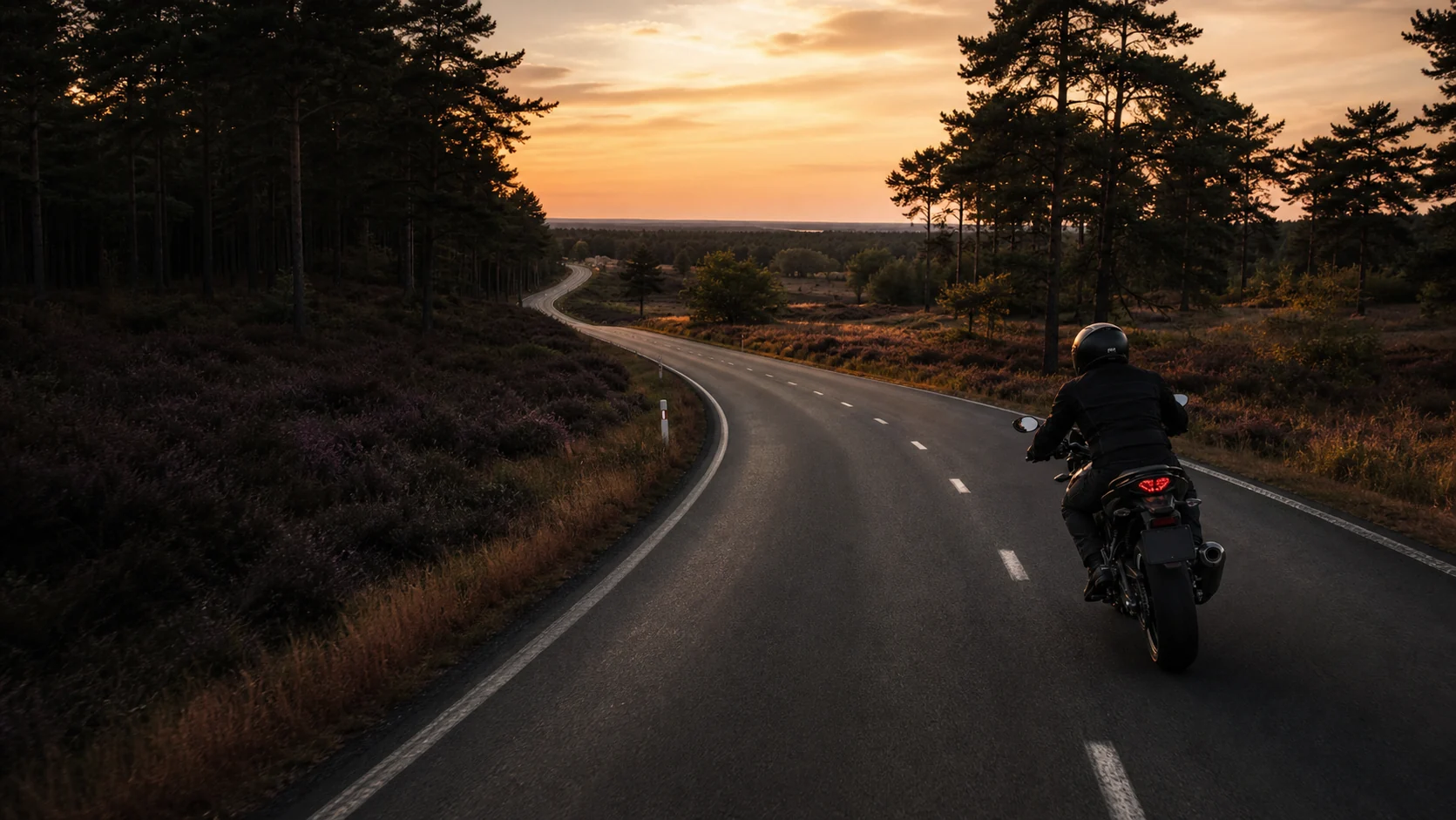 Motorrijder op een weg door bos en heide